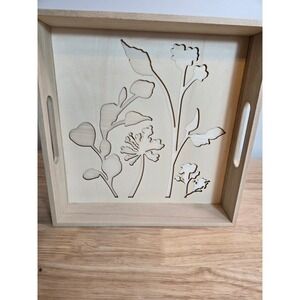 The Spring Shop Natural Wood Square Tray Laser Cut Floral Botanical 11in 6392815